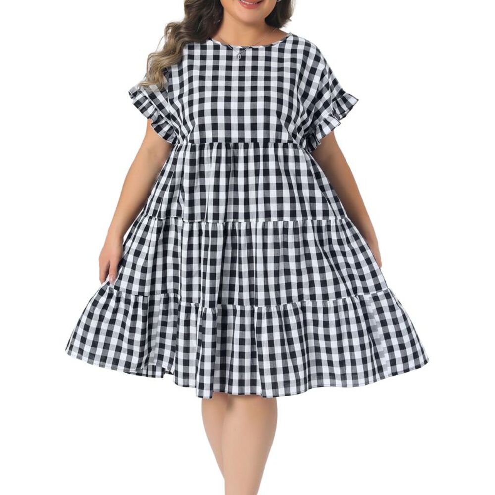 Women Plus Size Ruffle Sleeve Tiered Babydoll Gingham Dress Black